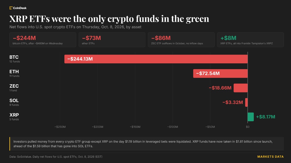 实时更新：BTC、ETH、ZEC 基金出现资金外流，XRP ETF 成唯一上涨者